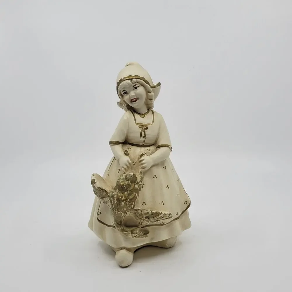 Vintage Antique Chalkware Dutch Girl with Goose Figure Figurine Sculpture